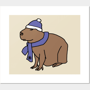 Winter Capybara Wearing Blue Hat and Scarf Posters and Art